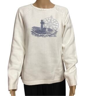 Vintage L.L. Bean Women's White Cotton Graphic Crewneck Sweater Lighthouse M Reg